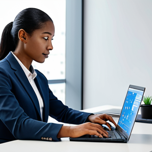 A diverse professional individual, fully clothed in modest business attire, is seated at a minimalist desk in a modern, well-lit tech office. They are focused on a laptop screen displaying advanced data analysis software and digital learning modules, symbolizing continuous learning and strong digital literacy. The surroundings are clean and organized, with subtle technology accents. Perfect anatomy, correct proportions, natural pose, well-formed hands, proper finger count, natural body proportions. Safe for work, appropriate content, fully clothed, professional.