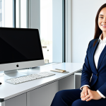 **Subject:** Professional businesswoman in a modern office.
    **Clothing:** Modest business suit, fully clothed, appropriate attire.
    **Environment:** Sitting at a clean desk, bright lighting, contemporary décor.
    **Quality:** Professional photography, perfect anatomy, natural proportions, safe for work, appropriate content, high resolution.