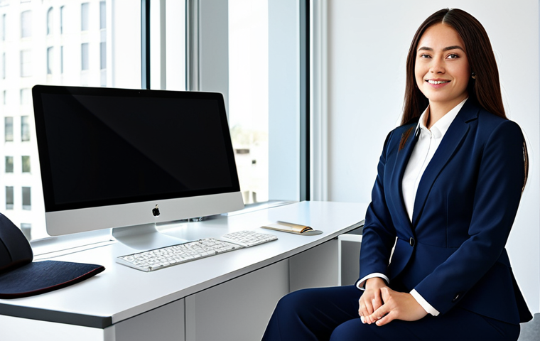 **Subject:** Professional businesswoman in a modern office.
    **Clothing:** Modest business suit, fully clothed, appropriate attire.
    **Environment:** Sitting at a clean desk, bright lighting, contemporary décor.
    **Quality:** Professional photography, perfect anatomy, natural proportions, safe for work, appropriate content, high resolution.