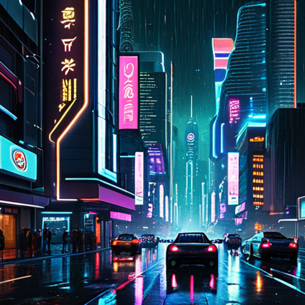미래 직업 시장의 변화와 준비 방법 - **Prompt:** A futuristic cityscape at night, neon lights reflecting on rain-slicked streets, flying ...