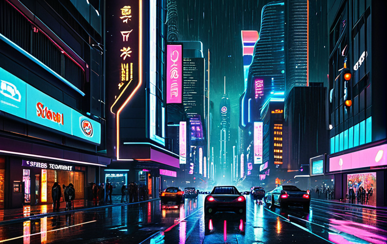 미래 직업 시장의 변화와 준비 방법 - **Prompt:** A futuristic cityscape at night, neon lights reflecting on rain-slicked streets, flying ...